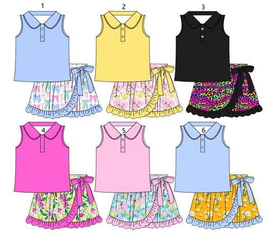 Baby Girl Sleeveless Cotton Tops Bows Flower Skort Sibling Set ( Moq 5 Each Style ) 3.15
