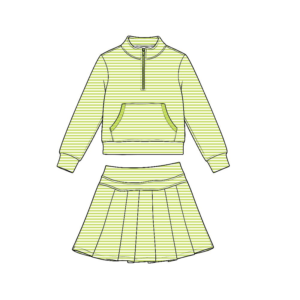 ( Moq 5 ) Preorder Baby Girls Kids Long Sleeves Green Stripes Zipper Shirt Skirt Shorts Set Yoga Active Clothes