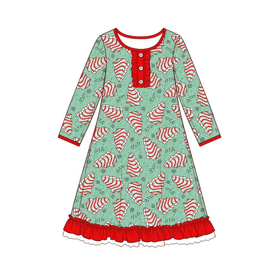 ( Moq 5 ) Preorder Baby Girls Kids Long Sleeves Christmas Tree Knee Length Dress Clothes