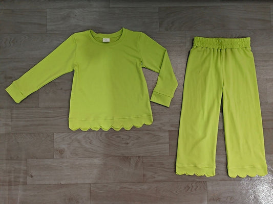 ( No moq ) Preorder Baby Girls Kids Long Sleeves Shirt Pants Set Pajamas Scallop Green Clothes