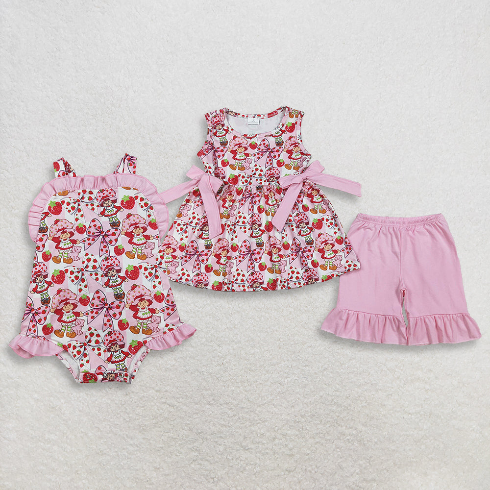 Sibling Baby Girls Sleeveless Strawberry Bows Tunic Shorts Set Romper Summer Clothes RTS