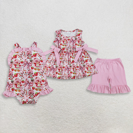 Sibling Baby Girls Sleeveless Strawberry Bows Tunic Shorts Set Romper Summer Clothes RTS