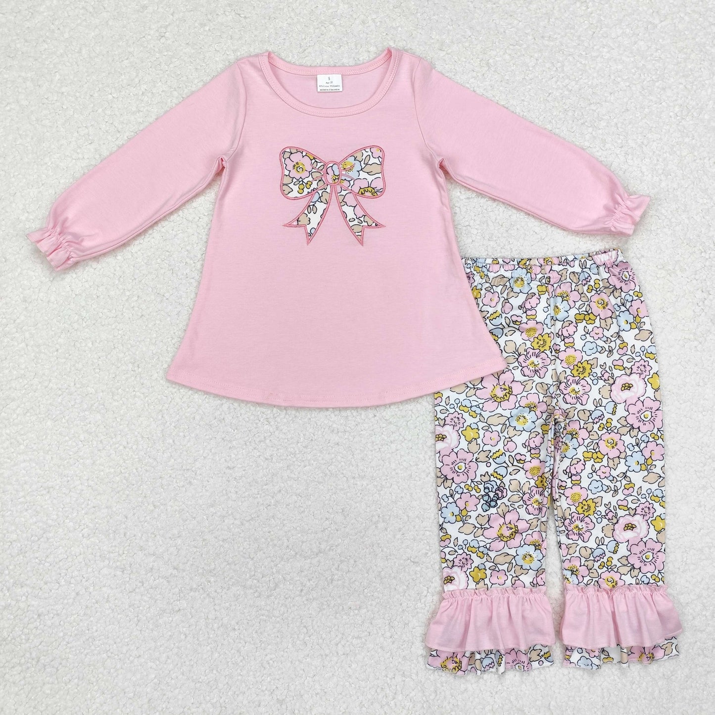 Baby Girl Long Sleeves Embroidery Bow Pink Tunic Ruffle Flower Pants Clothes Set