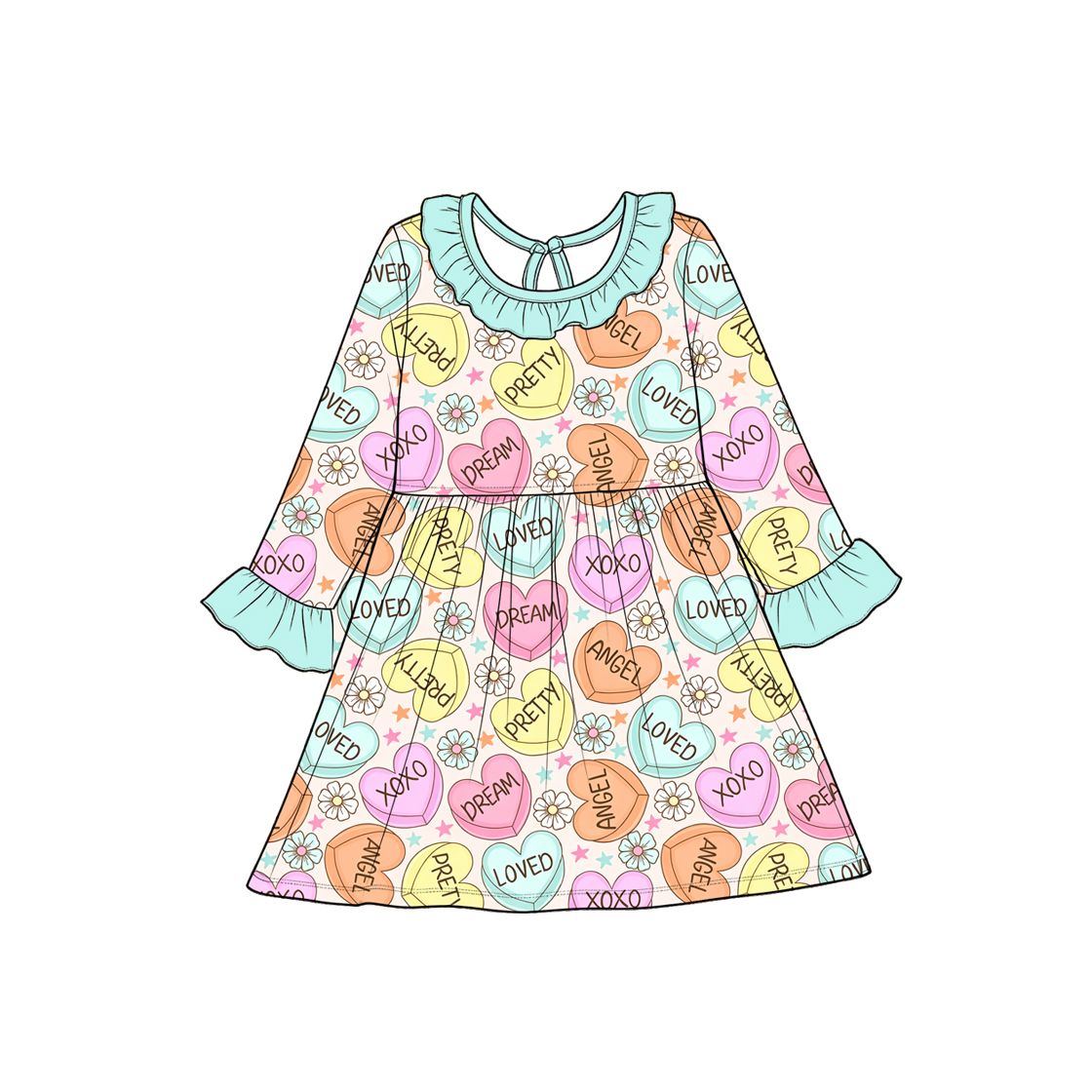 ( Moq 5 ) Preorder Baby Girls Kids Long Sleeves Hearts Flower Valentine Dress Clothes