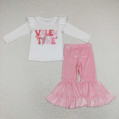 Baby Girl Long Sleeves Valentines Shirt Velvet Bell Pants Sibling Clothes Outfit