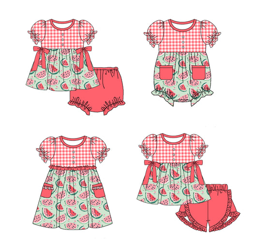 Baby Girl Short Sleeves Watermelon Plaid Sibling Romper Dress Clothes Set ( Moq 5 Each Design )11.21