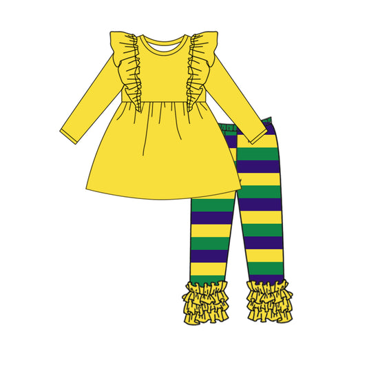 Baby Girl Long Sleeves Yellow Cotton Tops Stripes Pants Mardi Gras Set Moq 5