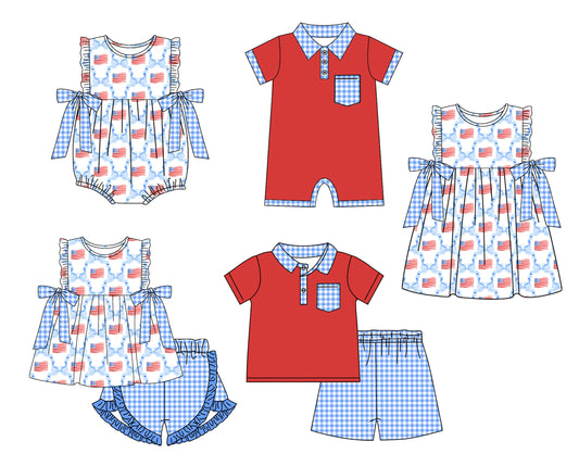 Baby Boy Girl Sibling July 4th Bows Flag Plaid Dress Romper Clothes Set ( Moq 5 Each style )11.22