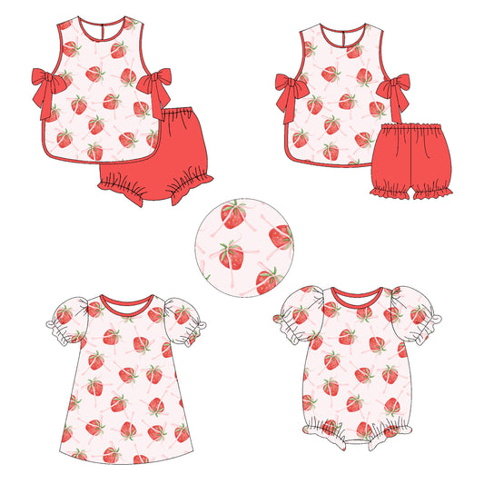 Baby Girl Strawberry Bows Sibling Matching Dress Romper Pink Clothes Set ( Moq 5 Each style )