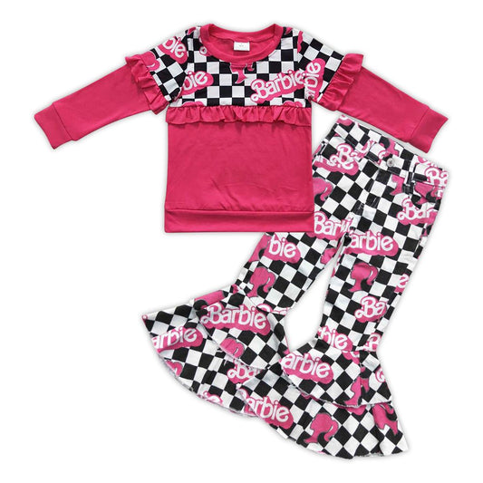 Baby Girl Pink Long Sleeves Doll Shirts Red Checkered Bell Denim Pants Outfit