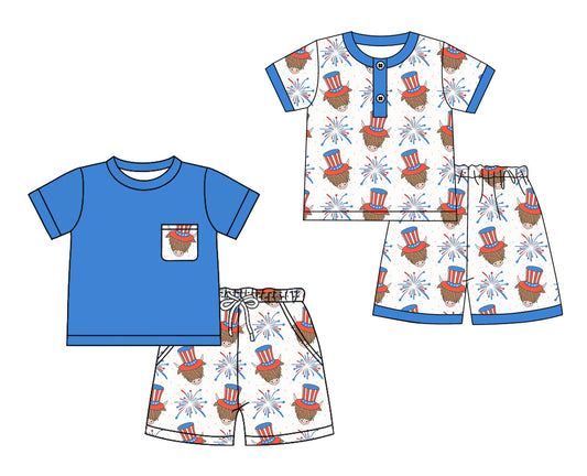 Baby Boy Girl Short Sleeves July 4th Cow Blue Sibling Set ( Moq 5 Each Style ) 12.19