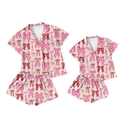 Baby Girl Toddler Adult Women Short Sleeves Bows Shorts Sibling Family Shorts Pajamas Set ( Moq 5 Each Style )12.3