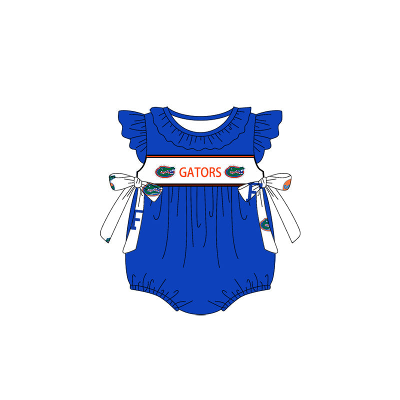 Baby Girl Blue Short Sleeves Team Bows Bubble Romper ( Moq 5 )