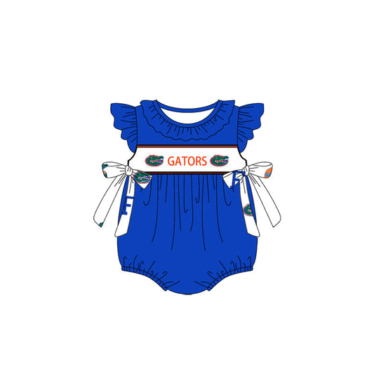 Baby Girl Blue Short Sleeves Team Bows Bubble Romper ( Moq 5 )