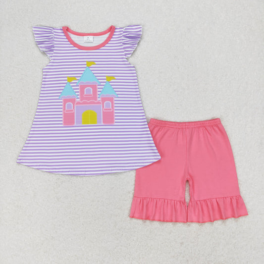 Baby Girls Short Sleeves Castle Stripes Tops Shorts Outfit