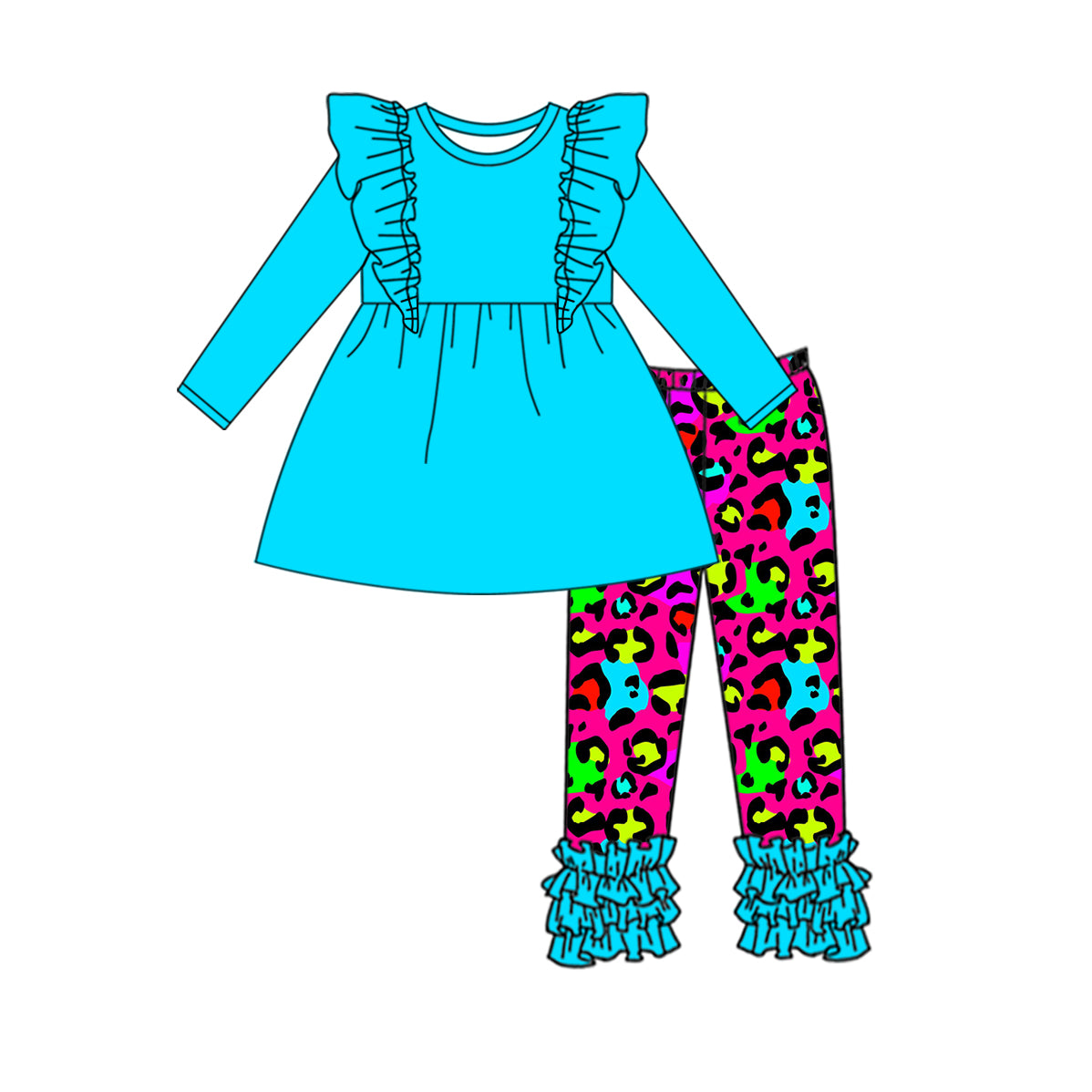 Baby Girl Long Sleeves Blue Cotton Ruffle Tunic Leopard Ruffle Pants Set