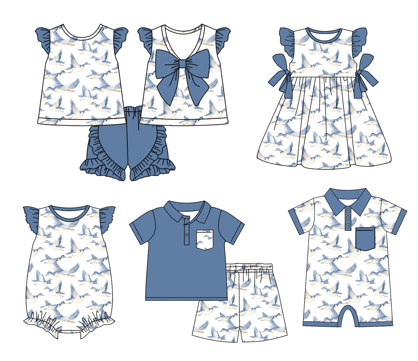 Baby Boy Girl Short Sleeves Duck Sibling Matching Dress Romper Blue Clothes Set Moq 5 Each style