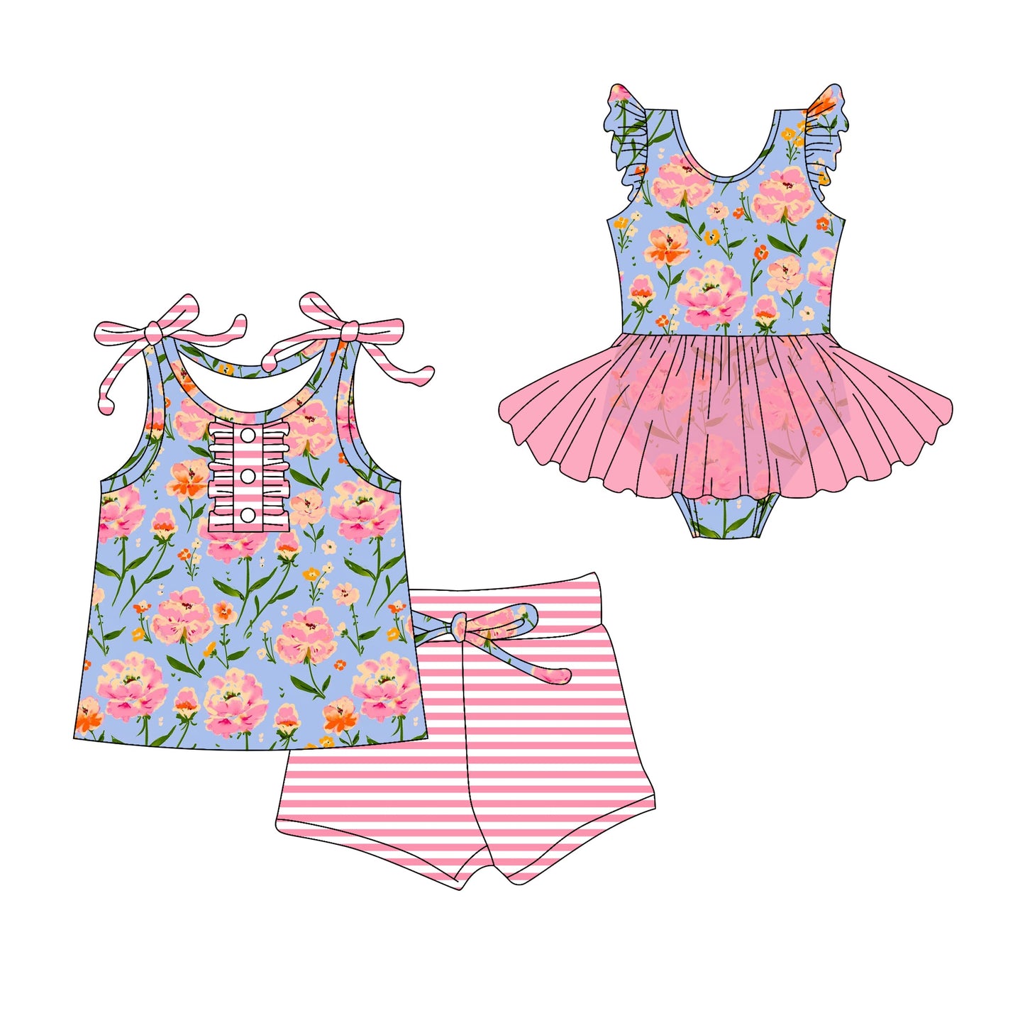 Baby Girl Flower Stripes Sibling Tulle Romper Dress Set ( Moq 5 Each Style ) 3.10