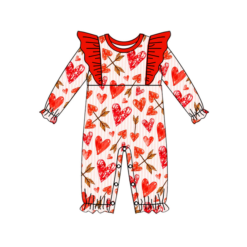 Baby Girl Infant Long Sleeves Valentine Hearts Red Ruffle Romper