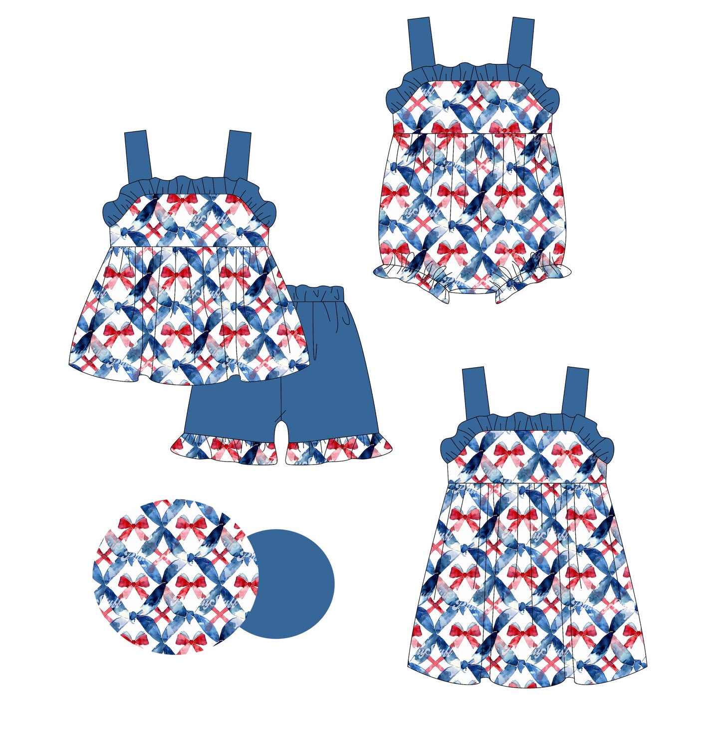 Baby Girl Straps Bows July 4th Sibling Romper Dress Set ( Moq 5 Each Style ) 3.6