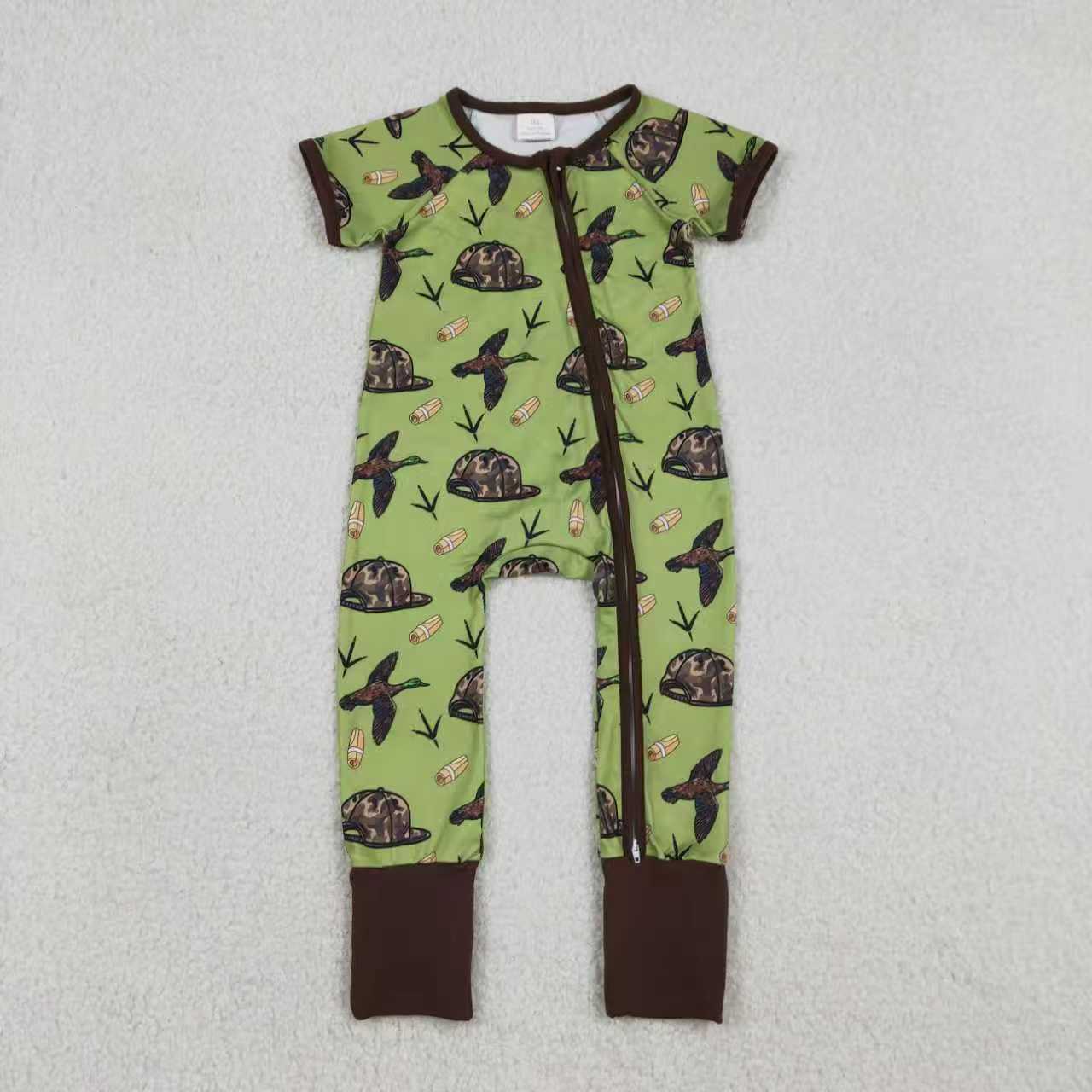 Sibling Baby Boys Short Sleeves Ducks Camo Hats Hunting Green Zipper Romper Outfit Pajamas  RTS