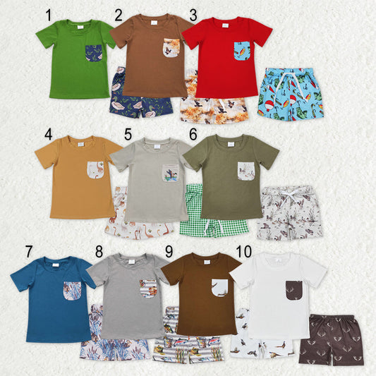 Sibling Baby Boys Short Sleeves Dogs Ducks Fishing Pockets Shirts Shorts Hunting Clothes Sets RTS