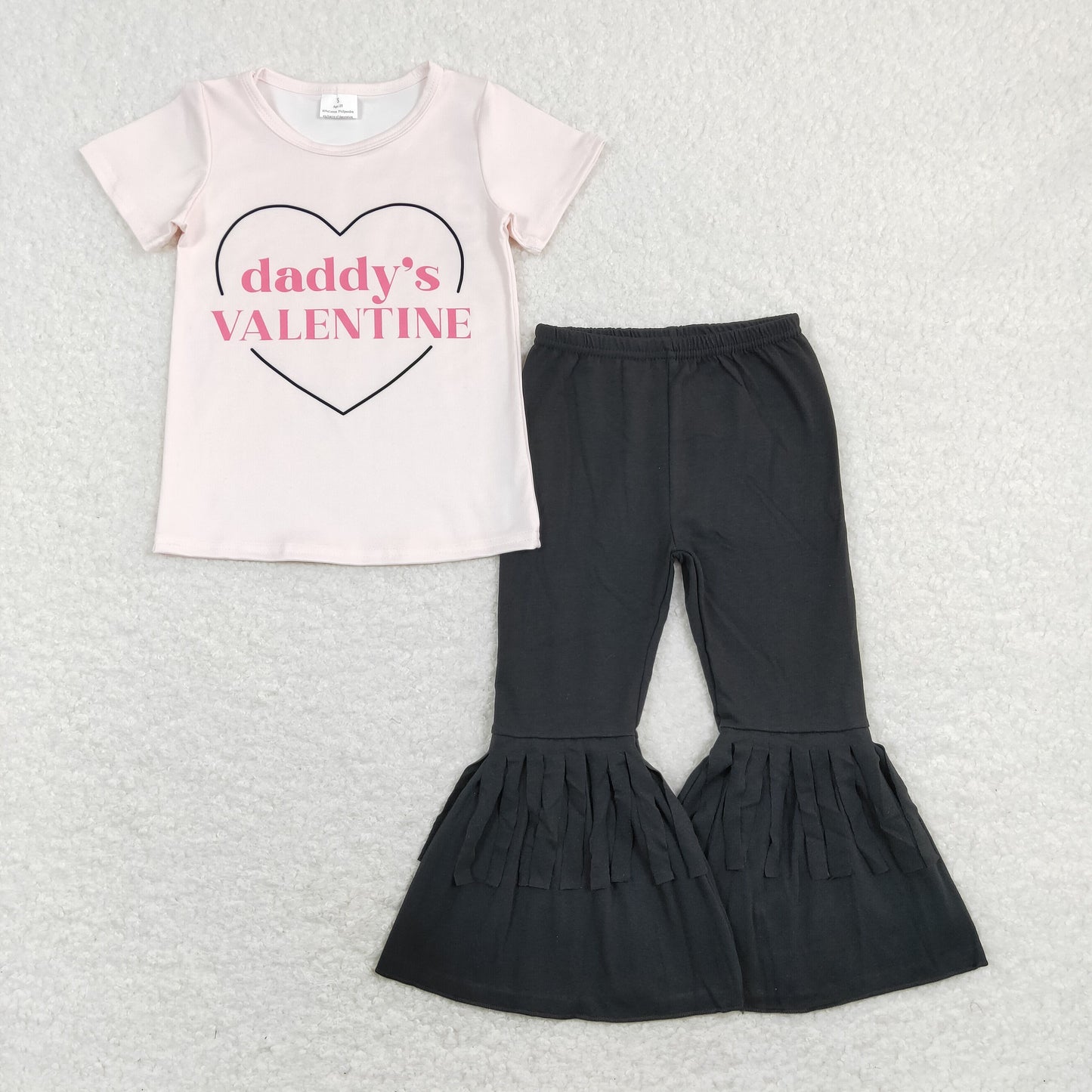 GSPO1396 Baby Girl Short Sleeves Daddy's Valentine Shirt Black Tassel Bell Pants Set