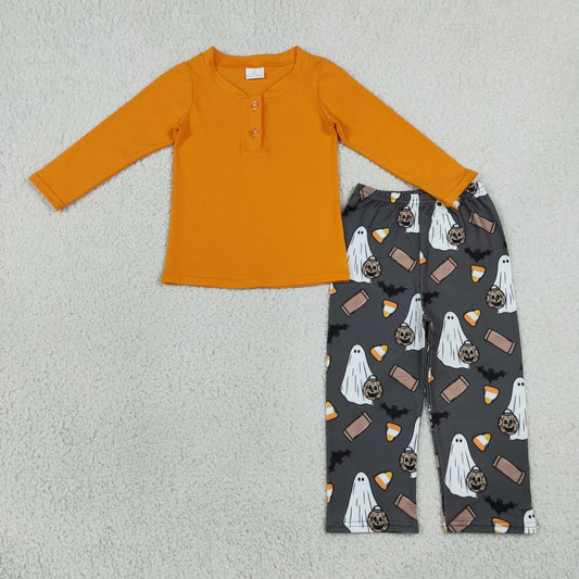 Baby Boys Kids Long Sleeves Orange Shirt Pumpkins Ghosts Halloween Pants Set Clothes RTS