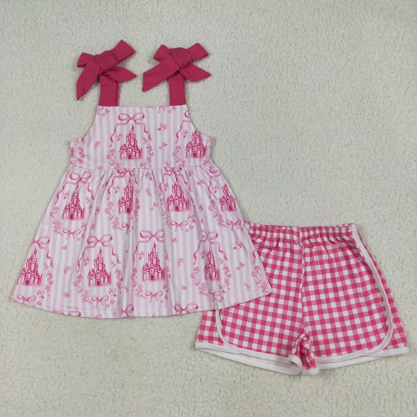 Baby Girl Straps Castles Bows Flower Tunic Plaid Shorts Pink Set RTS