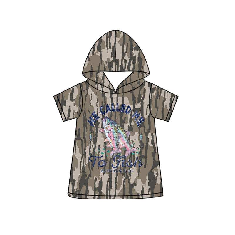 ( Moq 5 ) Preorder Baby Boys Kids Short Sleeves Fish Hoodie Camo Shirt Tops