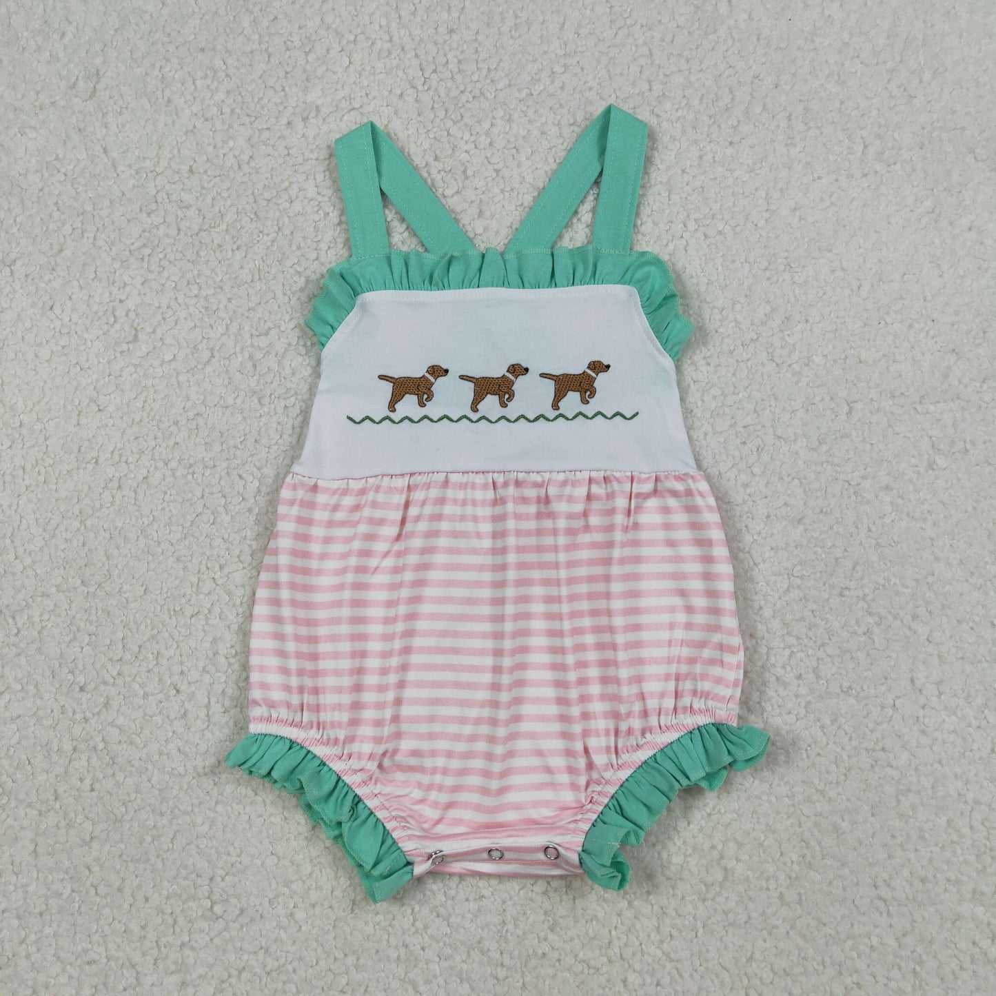 Baby Girls Infant Straps Embroidery Dogs Stripes Ruffle Bubble Romper RTS
