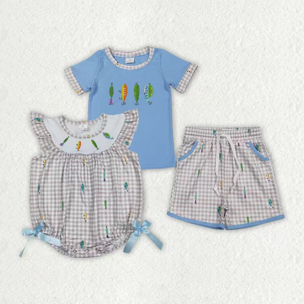 Sibling Baby Boys Short Kids Sleeves Embroidery Fishing Plaid Romper Set RTS