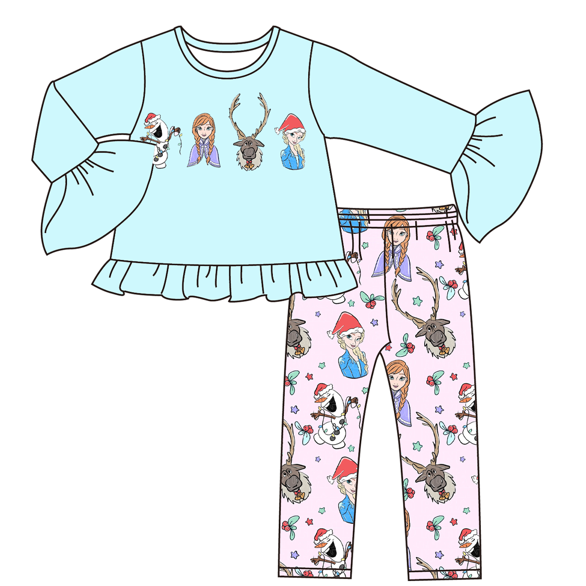 Baby Girl Christmas Cartoon Blue Tops Pants Set