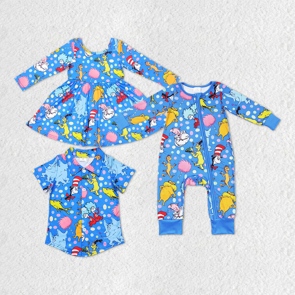 Baby Boy Girl Reading Sibling Blue Dress Romper Tops