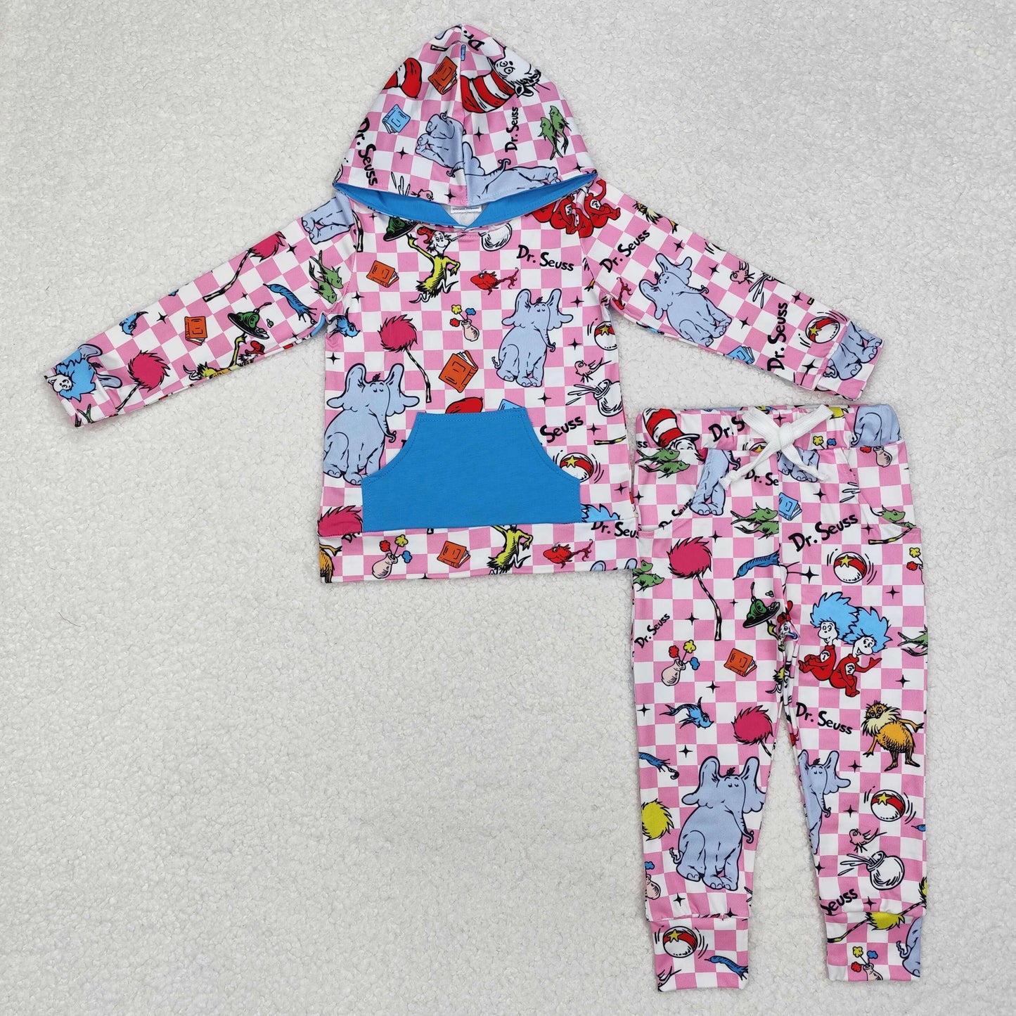 Baby Girl Long Sleeves Reading Checkered Hoodie Tops Pocket Pants Clothes Set