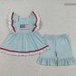 Baby Girls Short Sleeves Embroidery Flag Ruffle Tops Blue Shorts 4th of July Clothes Set RTS