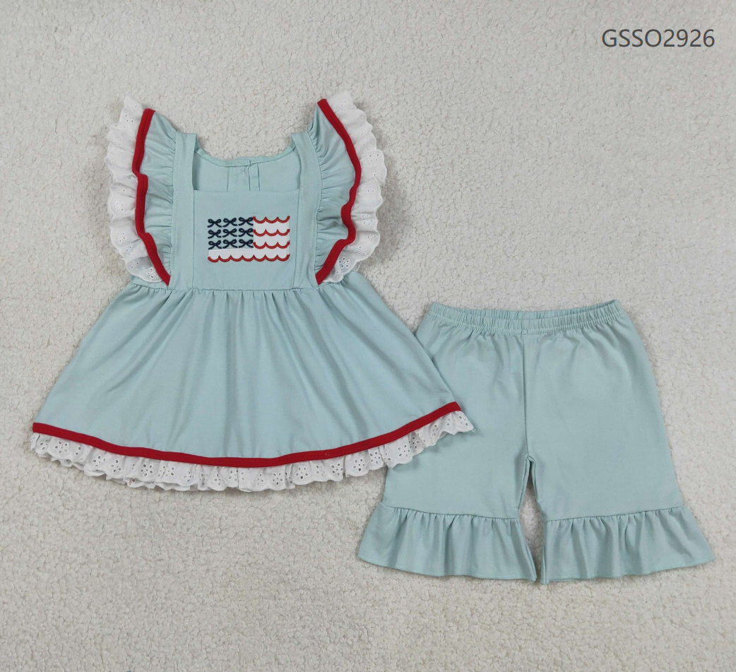 Baby Girls Short Sleeves Embroidery Flag Ruffle Tops Blue Shorts 4th of July Clothes Set RTS