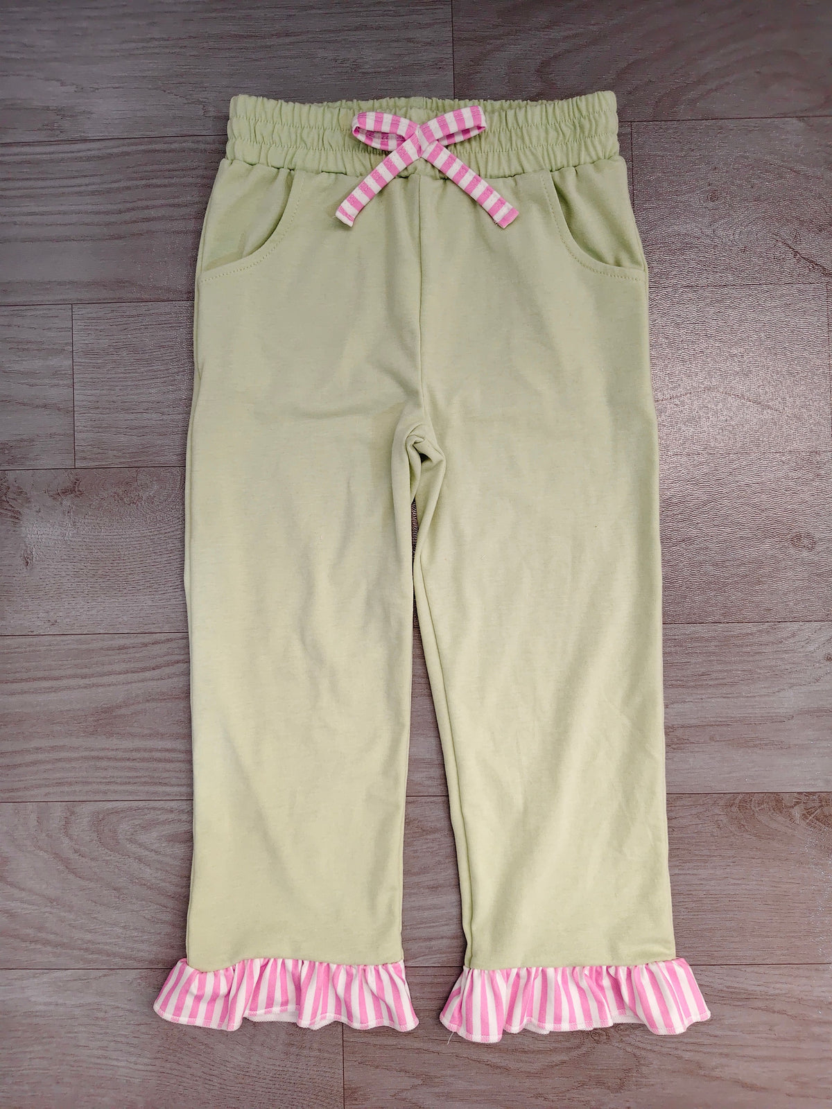 ( No moq ) Baby Girls Kids Pockets Bows Pants Bottoms Light Green Clothes