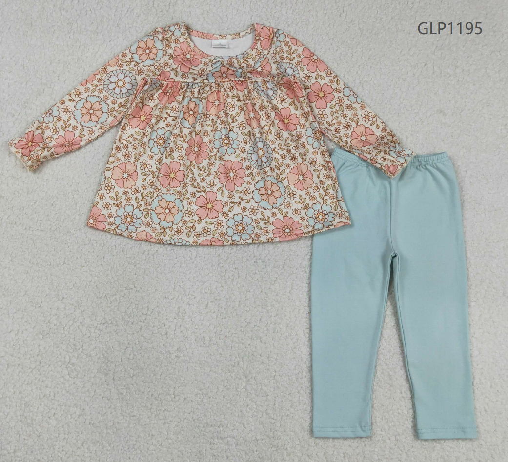 Baby Girls Kids Long Sleeves Flower Tunic Blue Legging Pants Clothes Set RTS