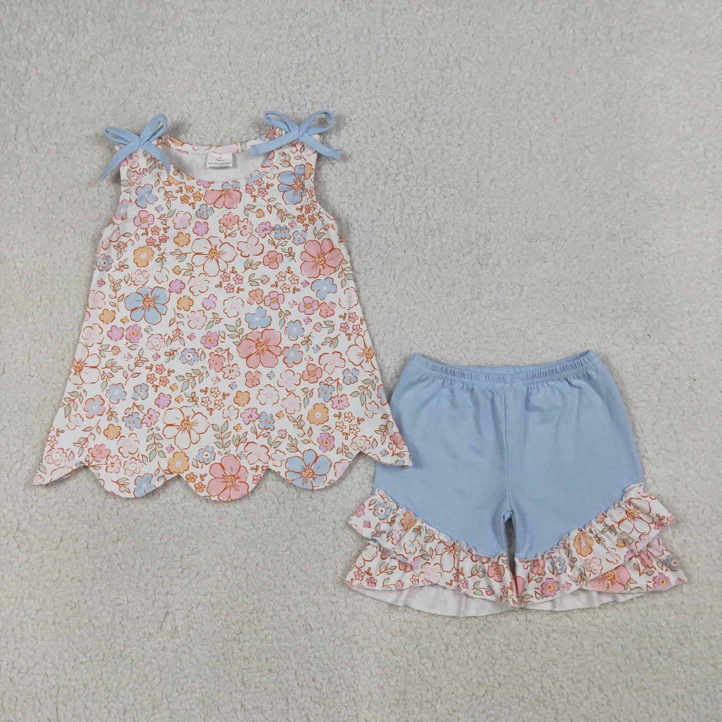 Baby Girls Kids Sleeveless Flower Scallop Tops Blue Ruffle Shorts Summer Set RTS