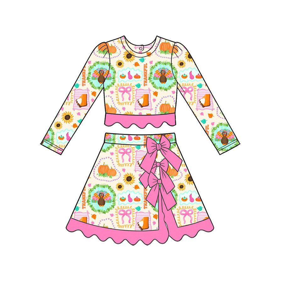 ( Moq 5 ) Preorder Baby Girls Kids turkey Pumpkins Bows Shirt Skirt Shorts Fall Set Yoga Active Clothes