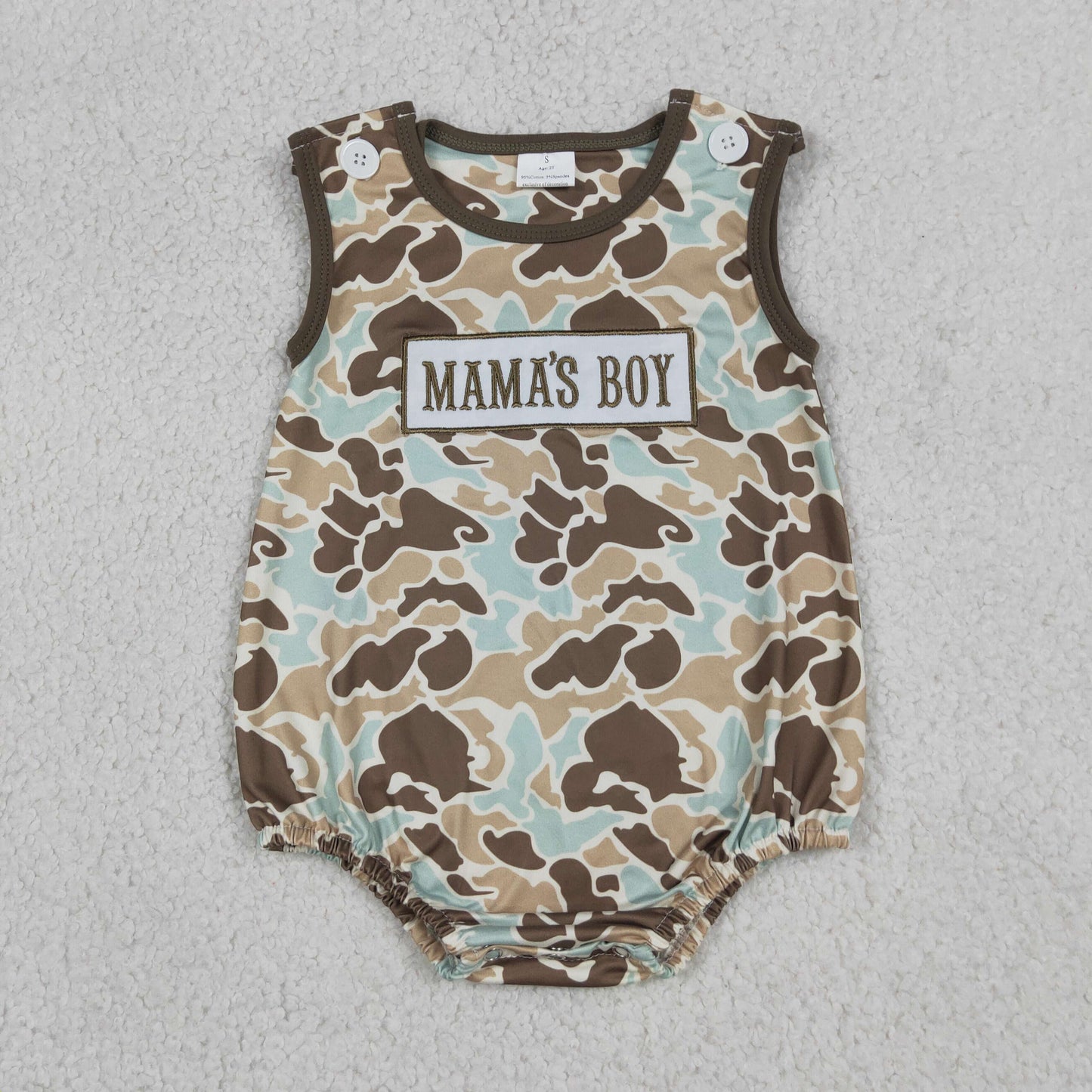 Baby Boys Sleeveless Embroidery Mama's Boy Green Brown Camo Bubble Romper RTS