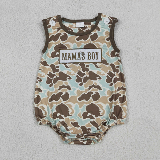 Baby Boys Sleeveless Embroidery Mama's Boy Green Brown Camo Bubble Romper RTS