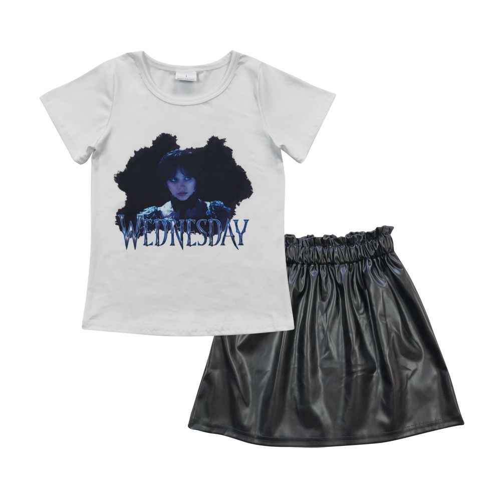 Baby Girl Short Sleeves Movie Shirt Black Pleather Skirt Summer Outfit