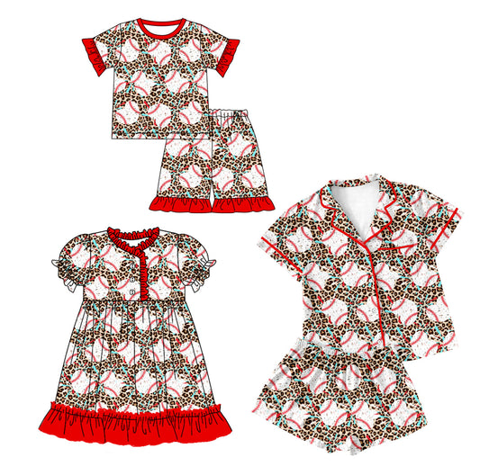 Baby Girl Adult Women Short Sleeves Baseball Leopard Sibling Dress Pajamas Set ( Moq 5 Each Design ) 12.11