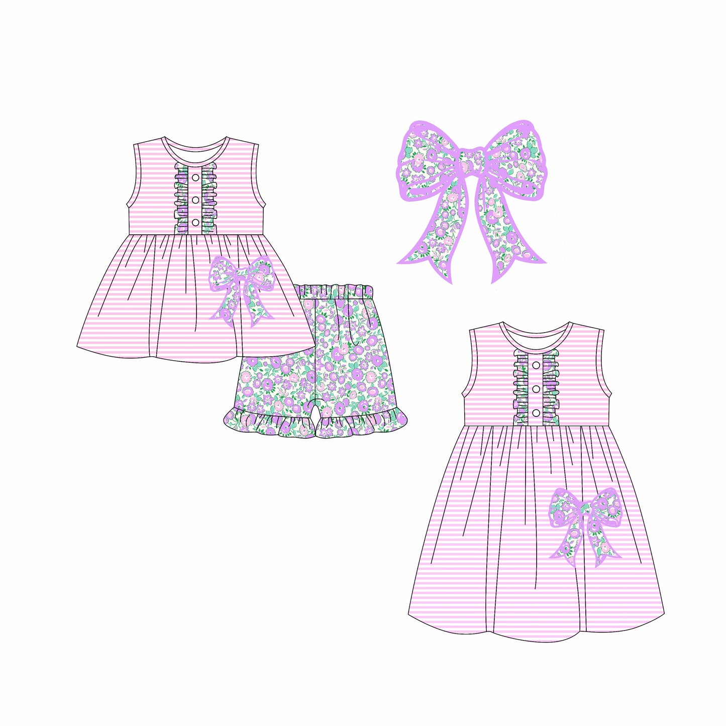 Baby Girl Stripes Tunic Purple Floral Bow Sibling Dress Set ( Moq 5 Each Style ) 2.12