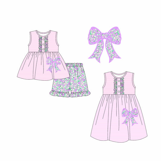 Baby Girl Stripes Tunic Purple Floral Bow Sibling Dress Set ( Moq 5 Each Style ) 2.12