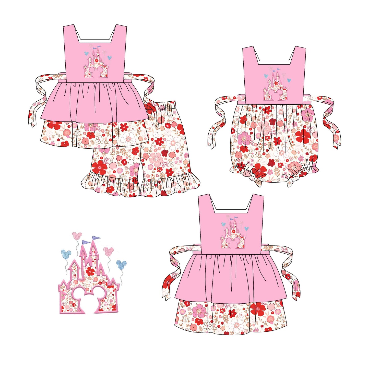 Baby Girl Floral Castle Hearts Pink Sibling Romper Dress Set ( Moq 5 Each Style ) 1.21
