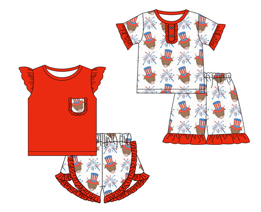 Baby Boy Girl Short Sleeves July 4th Cow Red Sibling Set ( Moq 5 Each Style ) 12.19