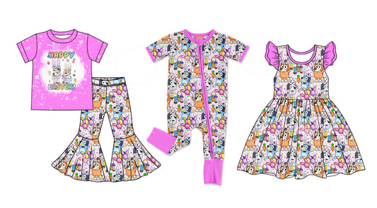 Baby Girl Short Sleeves Easter Dogs Sibling Romper Dress Set ( Moq 5 Each Design ) 12.12
